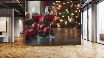 Two glasses of red wine sit elegantly on table, surrounded by festive decorations, creating warm and inviting atmosphere perfect for Christmas celebrations Wall mural