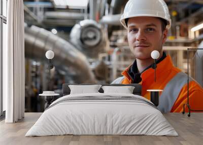 worker in orange safety jacket and white hard hat stands confidently in industrial setting, surrounded by machinery and pipes Wall mural