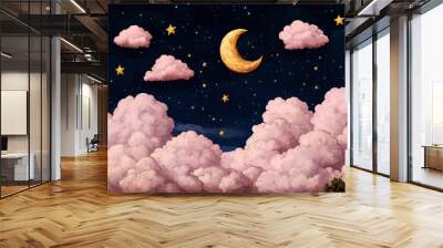 A drawing of a pink cloud with a gold moon in the middle. There are stars scattered throughout the sky Wall mural