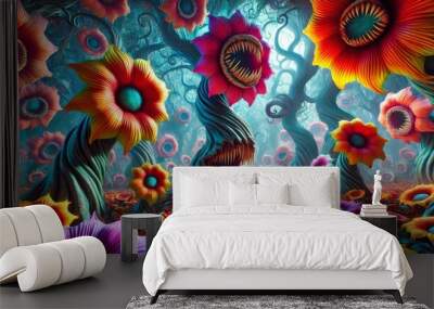 Giant carnivorous flowers in an alien fantasy forest Wall mural