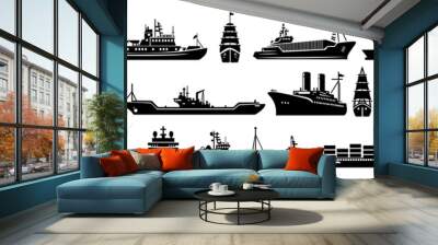 Set of collections of sea ships, sailing ships, Cruise ship, cargo ships, water transportation - vector illustration Wall mural