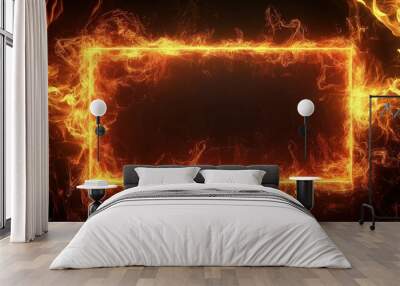 A blazing rectangular frame made of intense orange flames against a dark black background. Wall mural