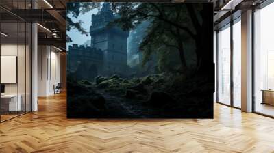 A castle in the depths of a dark forest. Wall mural