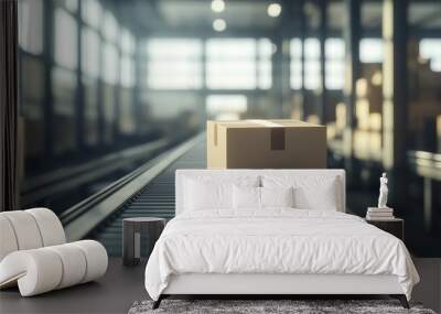 A single cardboard package moves along a conveyor belt in a large warehouse. Wall mural