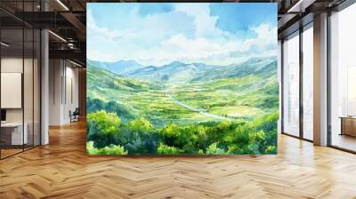 A watercolor illustration of a panoramic view of green mountains under a clear blue sky. Wall mural