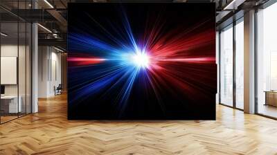 Abstract depiction of light speed travel with blue and red streaks converging on a bright central point. Wall mural