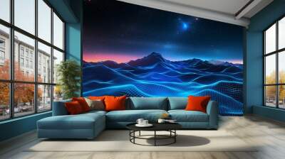 Abstract digital landscape with wireframe mountains under starry sky. Wall mural