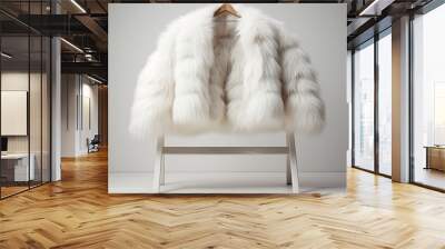 An image of a fur coat gracefully hanging on a white coat hanger. Wall mural