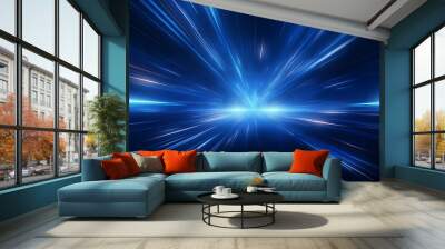 Blue background adorned with neon rays and dynamic lines. Wall mural