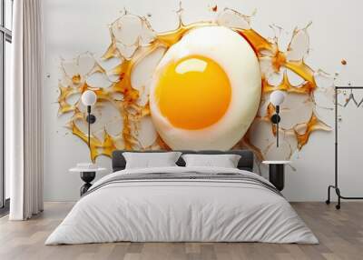 Close-up of a cracked egg from which the yolk leaks. Wall mural