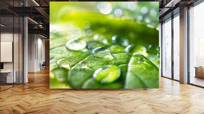 Close-up of green leaf with water droplets in sunlight. Wall mural