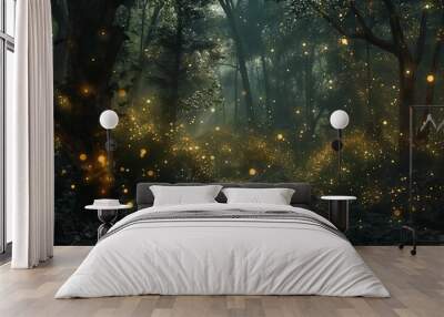 Darkened forest with fireflies their ethereal glow. Wall mural