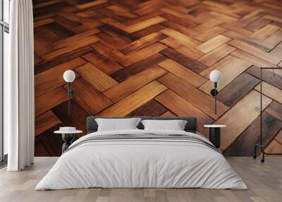 Detailed close-up of a wooden parquet floor with a herringbone pattern. Wall mural