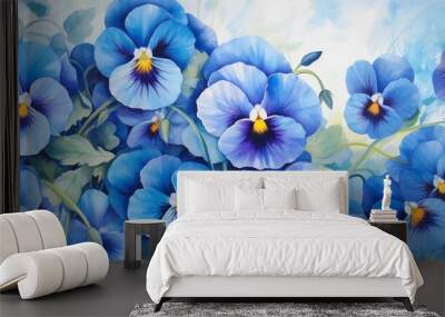 Illustration of vibrant blue pansies in full bloom. Wall mural