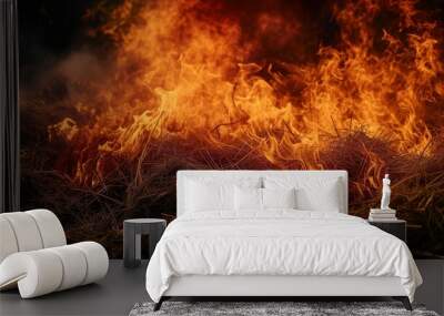 Image of a fire burning rice straw and hay. Wall mural