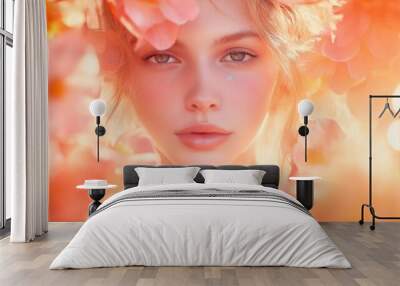 Image of a young woman surrounded by pink flowers in soft, dreamy lighting. Wall mural