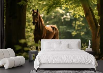 Image of horse standing among lush green trees. Wall mural