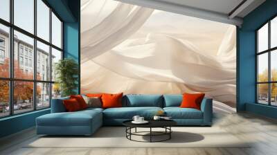 Image of white sheer curtains billowing in the breeze. Wall mural