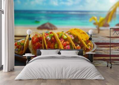 Plate of tacos on a wooden table by the beach. Wall mural