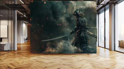 Samurai warrior in traditional armor holding katana in smoky background. Wall mural