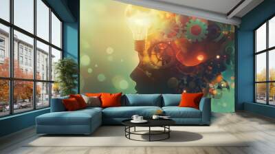 Silhouette of a head with gears and a light bulb, symbolizing creativity and innovation. Wall mural