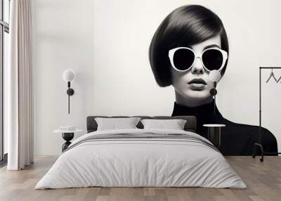 The image of a woman with glasses is a black and white photograph that creates a retro vibe reminiscent of the 1960s. Wall mural