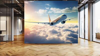 The plane flies above the clouds. Wall mural