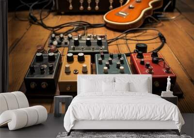 Vintage guitar effects laid out on a wooden floor. Wall mural