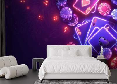 Casino advertising neon banner design with playing cards and casino chips on a purple background. ai generated Wall mural