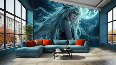 woman with long white hair in under full moonlight AI generated image Wall mural