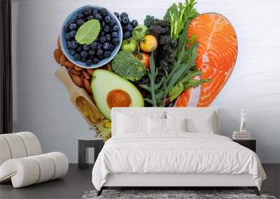 Heart shape of ketogenic low carbs diet concept. Ingredients for healthy foods selection on white wooden background. Balanced healthy ingredients of unsaturated fats for the heart and blood vessels. Wall mural