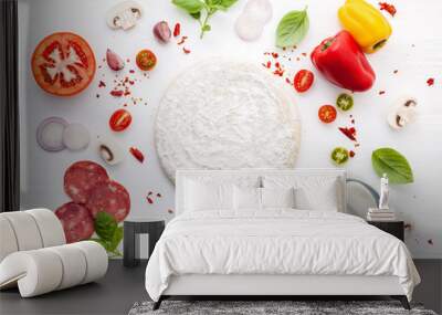 The ingredients for homemade pizza on white wooden background.. Wall mural