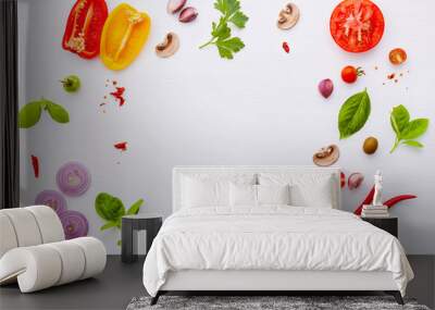 The ingredients for homemade pizza on white wooden background. Wall mural