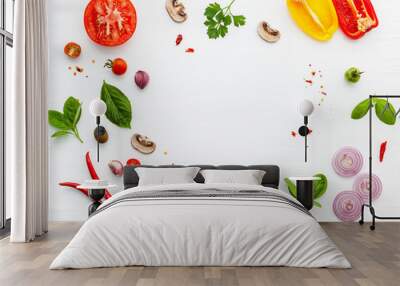 The ingredients for homemade pizza on white wooden background. Wall mural