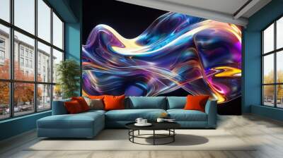 Bold holographic liquid blob shape isolated. Iridescent wavy melted substance background Wall mural