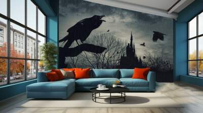 horror scene with a raven in front and castle at back under rain at dusk on blue background Wall mural