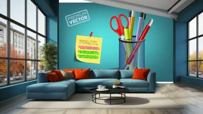 Vector illustration Office equipment cylindrical pencil holder. set of bright office supplies. Bright Colored Pen Scissors ball pen crayons sticky note paper needle highlighter Wall mural