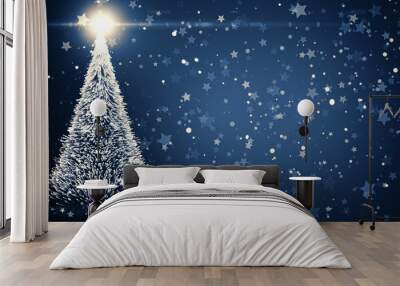 Christmas tree with shining light, falling snowflakes Wall mural