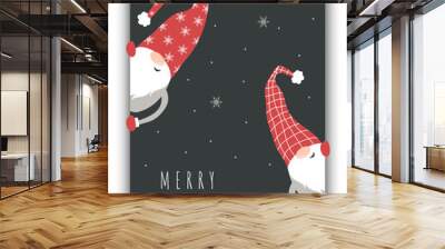 Christmas card with cute scandinavian gnome in red hat. Season greetings. Merry christmas and happy New year. Vector illustration in flat style. Nordic vintage postcard. Wall mural