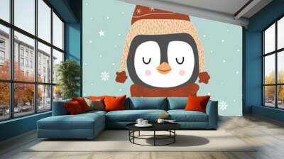 Cute winter smiling white penguin with snowflakes. Cartoon zoo. Vector illustration. Animal for the design of children products in scandinavian style. Wall mural