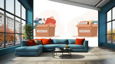 Donation boxes with clothes, toys, books and medicines. Help for homeless. Support for poor people and children. Volunteering and charity concept. Vector illustration in flat cartoon style. Wall mural