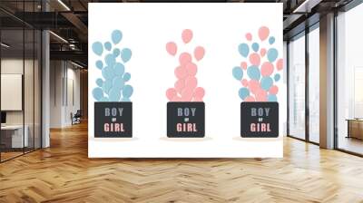 Gender reveal party. Its a girl. Its a boy. Its twins. Set of open surprise gift boxes with inscriptions Boy or girl. Pink and blue balloons. Baby shower greeting card. Cartoon vector illustration. Wall mural