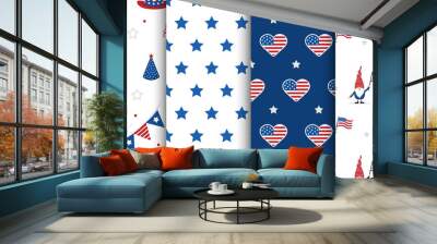 Independence Day of USA. Set of seamless patterns with festive elements. Holiday background for 4th of July celebration. National Freedom Day. Vector illustration in flat cartoon style. Wall mural