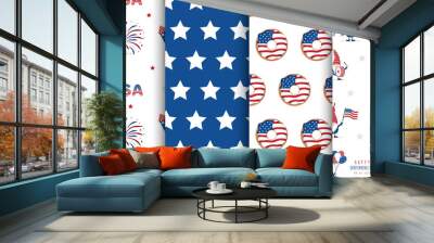 Independence Day of USA. Set of seamless patterns with festive elements. Holiday background for 4th of July celebration. National Freedom Day. Vector illustration in flat cartoon style. Wall mural