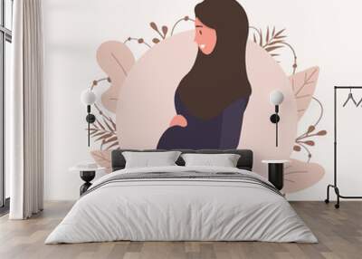 Muslim pregnant woman in abaya and hijab. Modern flat style vector illustration isolated on soft background. Wall mural