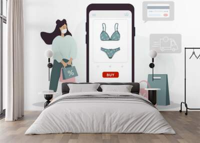 Online shopping on website or mobile app. Woman buys modern underwear at online lingerie store. The product catalog on the web browser page. Vector illustration in flat cartoon style. Wall mural