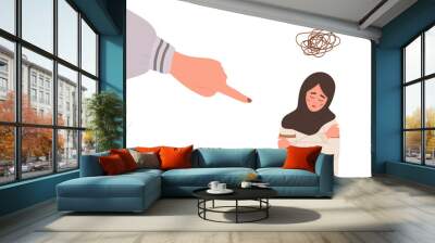 Social bullying. Finger pointing on sad arab girl. Depressed teenager in hijab sitting on floor and crying. Violence in school. Vector illustration in flat cartoon style. Wall mural