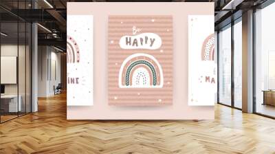 Trendy rainbows in boho style in pastel color. Set of different posters. Children illustrations for post card. Doodle art elements. Modern vector illustration. Wall mural