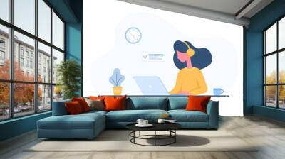 Womens freelance. Girl in headphones with laptop sitting at a table. Concept illustration for working, studying, education, work from home, healthy lifestyle. Vector illustration in flat style Wall mural