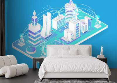 Isometric smart city and 5G technology info graph network on smartphone. Vector illustration in 3d design. Wall mural